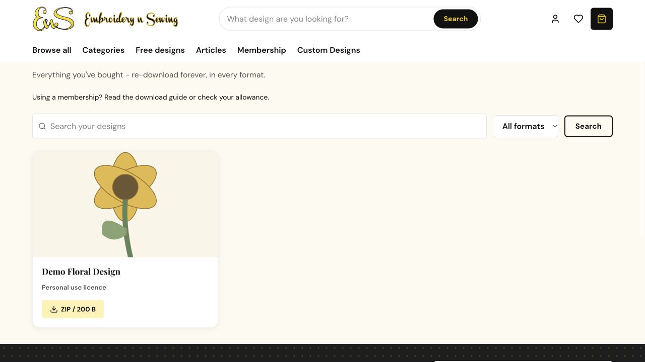 Example My designs page with the unlocked design and available download formats