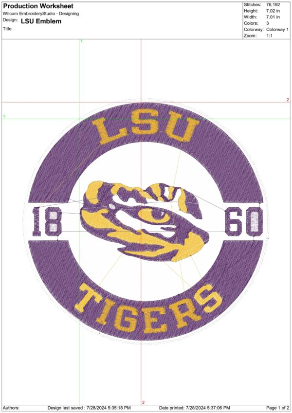 LSU Fighting Tigers Emblem 1860 embroidery design